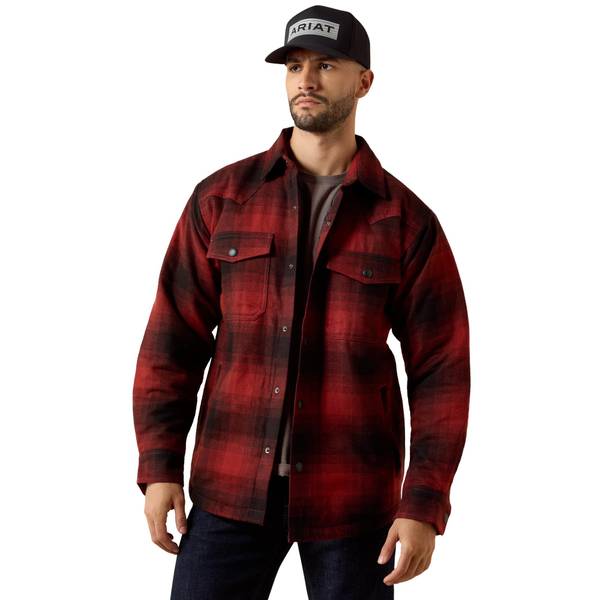 Men's Retro Shirt Jacket in Biking Red Buffalo Plaid Polyester, Size: Medium by Ariat