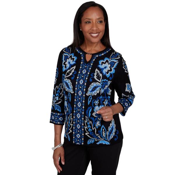 Alfred Dunner Plus Size Keyhole Neck 3/4-Sleeve Pullover Sweater - Saphire