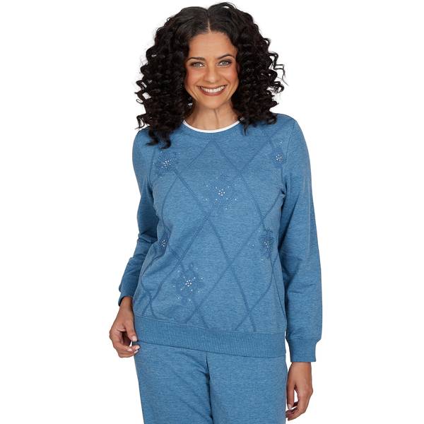 Alfred Dunner Women's Long-Sleeve Crewneck Argyle Pullover Top - Denim Heather