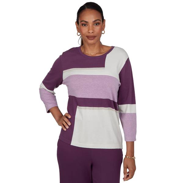 Alfred Dunner Women's Sweatr Colorblock 3/4-Sleeve Crewneck Pullover Sweater - Plum