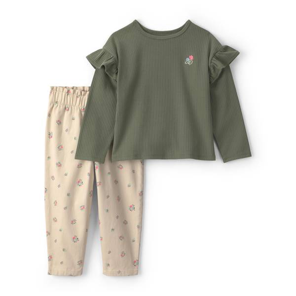 Carter's Toddler Girls' 2T-5T Floral Twill Long-Sleeve Top and Pants, 2-Piece Set - Olive Green/Cream