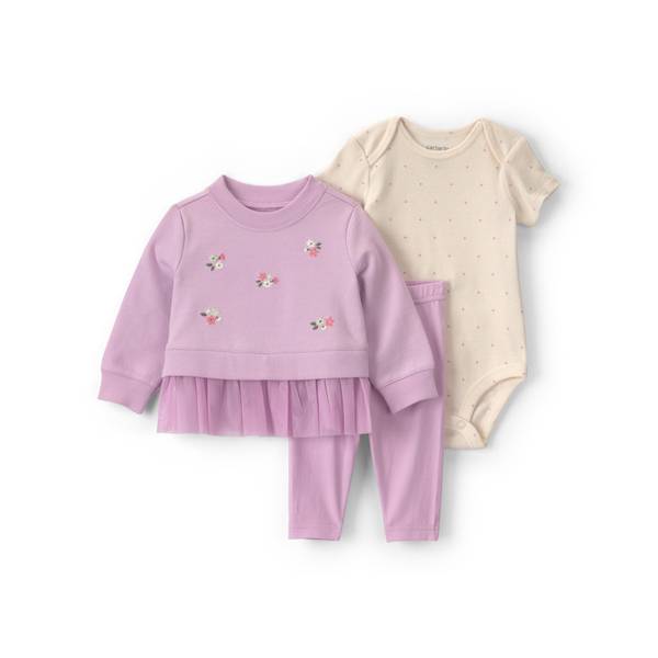Carter's Girls' Floral French Terry Layering Long-Sleeve Bodysuit, Sweatshirt and Pants, 3-Piece Set - Purple