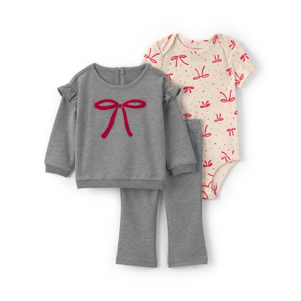 Carter's Baby Girls' French-Terry Bow-Print Long-Sleeve Top, Bodysuit and Pants, 3-Piece Set - Grey/Cream