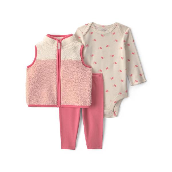 Carter's Girls' Color Block Teddy Fleece Layering Long-Sleeve Bodysuit, Vest and Pants, 3-Piece Set - Pink