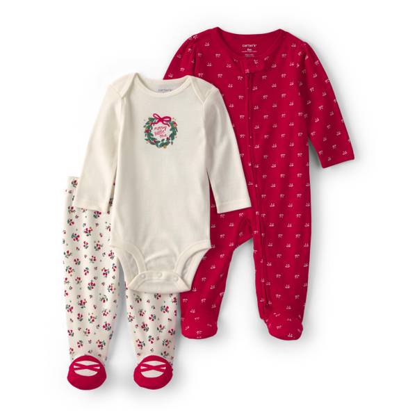 Photo of Infant Girls' 3-Piece 'Merry Little One' Christmas Wreath Outfit Set - Red/Cream