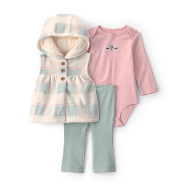 Carter's Baby Girls' Sherpa-Lined Buffalo Check Hooded Vest, Bodysuit, and Flare Pants, 3-Piece Set - Pink/Green/Cream