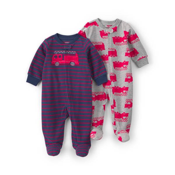 Photo of Infant Boys' 2-Pack Firetruck Striped Fleece 2-Way Zip Sleep & Play Pajamas - Blue/Red/Gray