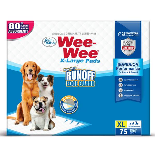Four Paws 75 Count 28"x34" Wee-Wee Superior Performance X-Large Dog Pee Pads with Runoff Edge Guard