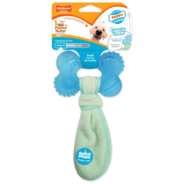 Nylabone Small Peanut Butter Flavor Blue Puppy Chew 2-in-1 Teething Freezer Bone Cloth Chew Toy