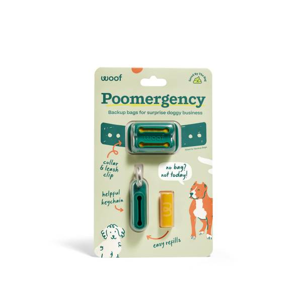 Woof Poomergency Starter Pack Dog Poop Bag Holder for Collar with 3 Emergency Refills, Green