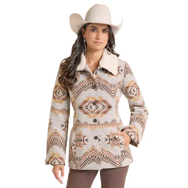 Panhandle Women's Southwestern Aztec Sherpa Collar Coat, Eggshell