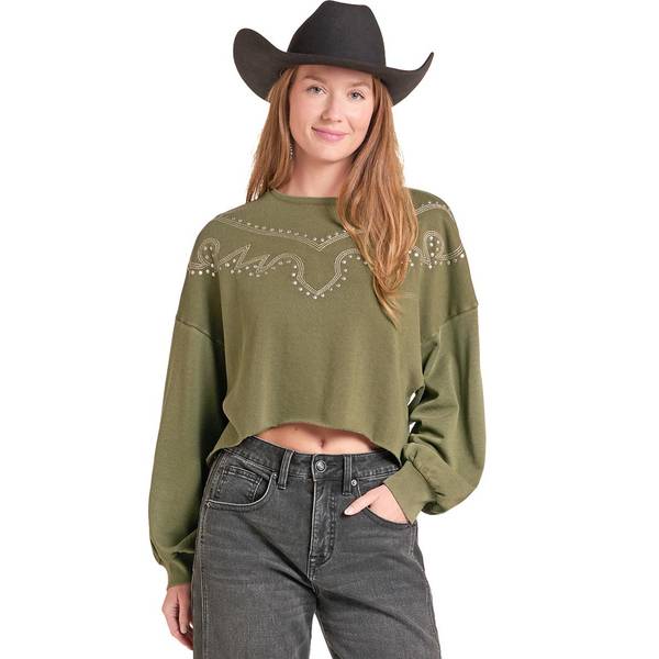 Photo of Women's Studded Yoke Crop Sweatshirt-Olive
