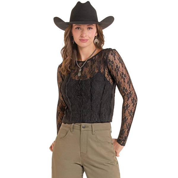 Rock & Roll Denim Women's Long Sleeve Black Floral Lace Mesh Top