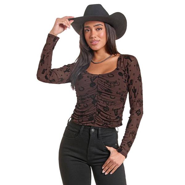 Rock & Roll Denim Women's Long Sleeve Western Print Ruched Top