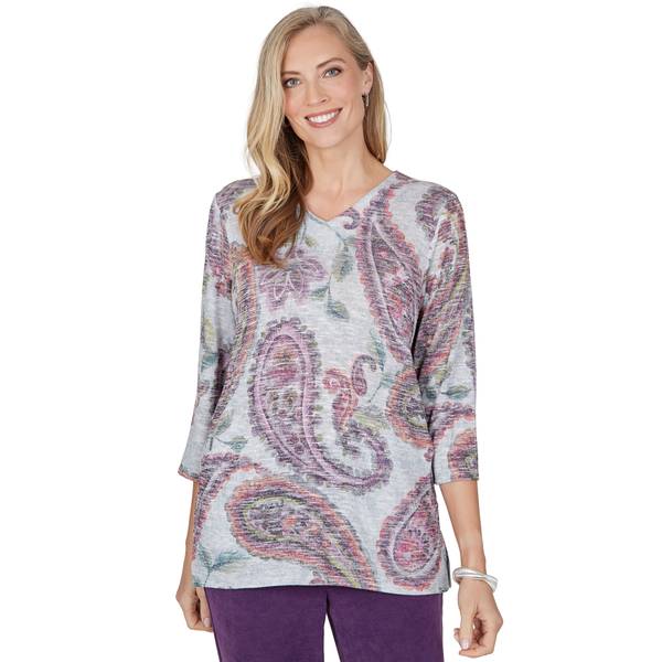Alfred Dunner Women's Paisley V-Neck 3/4 Sleeve Pullover - Amethyst Multi