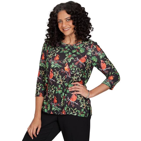 Alfred Dunner Plus Size Classic Cardinals On Branches Knit Top - Black