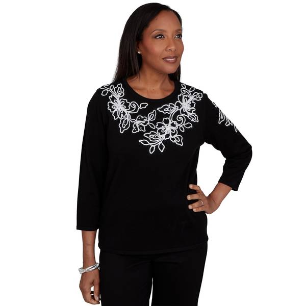 Alfred Dunner Plus Size Floral Scroll Soutache Sweater - Black