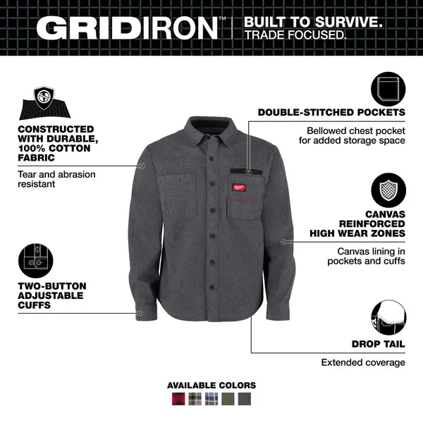 Milwaukee Men's GRIDIRON Flannel Shirt, Gray, 2X - M552G-2X