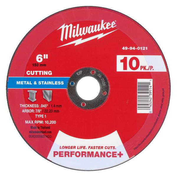 Milwaukee 6 Inch x .045 Inch x 7/8 Inch Performance Metal Cut Off Wheel Type 1 - 49-94-0121