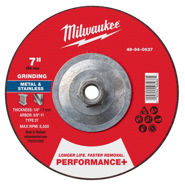 Milwaukee 7 Inch x 1/4 Inch x 5/8 Inch-11 Performance Metal Grinding Wheel Type 27 - 49-94-0637