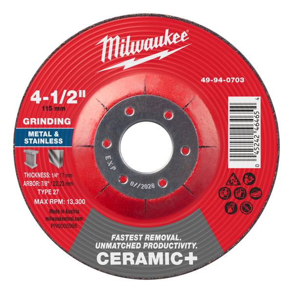 Milwaukee 4-1/2 Inch x 1/4 Inch x 7/8 Inch Ceramic Metal Grinding Wheel Type 27 - 49-94-0703