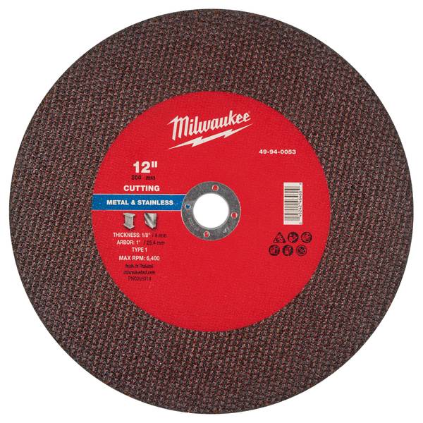 Milwaukee 12 Inch x 1/8 Inch x 1 Inch Metal Cut Off Wheel Type 1 - 49-94-0053