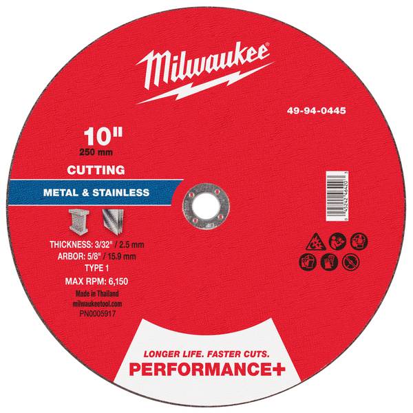 Milwaukee 10 Inch x 3/32 Inch x 5/8 Inch Performance Metal Cut Off Wheel Type 1 - 49-94-0445