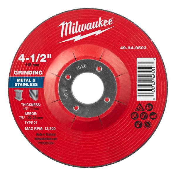 Milwaukee 4-1/2" x 1/4" x 7/8" Metal Grinding Wheel - Type 27
