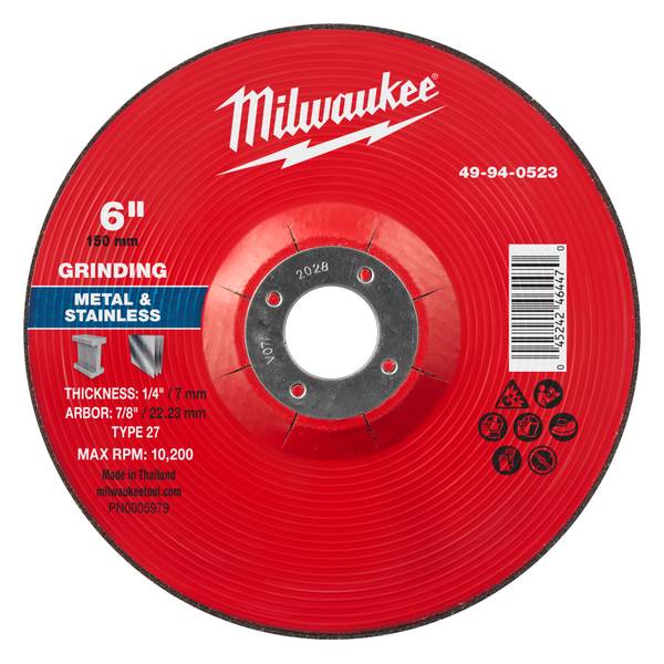 Milwaukee 6" x 1/4" x 7/8" Metal Grinding Wheel - Type 27