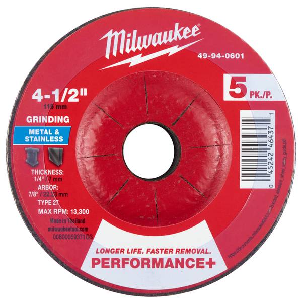 Milwaukee 4-1/2 Inch x 1/4 Inch x 7/8 Inch Performance Metal Grinding Wheel Type 27 5 Pieces - 49-94-0601