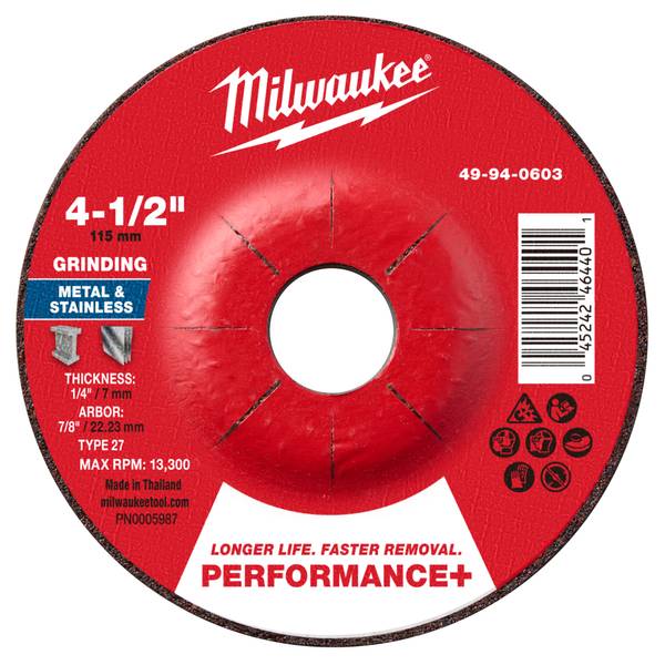 Milwaukee 4-1/2" x 1/4" x 7/8" Performance+ Metal Grinding Wheel - Type 27