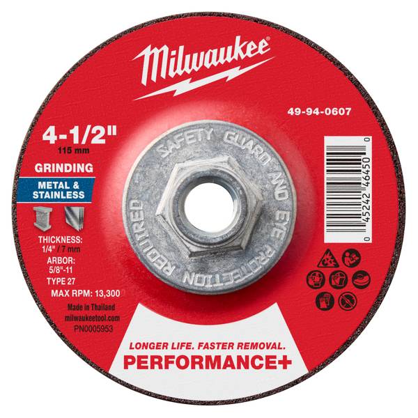 Milwaukee 4-1/2" x 1/4" x 5/8"-11 Performance+ Metal Grinding Wheel - Type 27