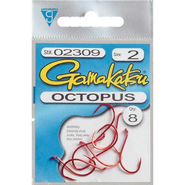 Gamakatsu 02309 Octopus Hook, Red, Size 2 - 8 count bag
