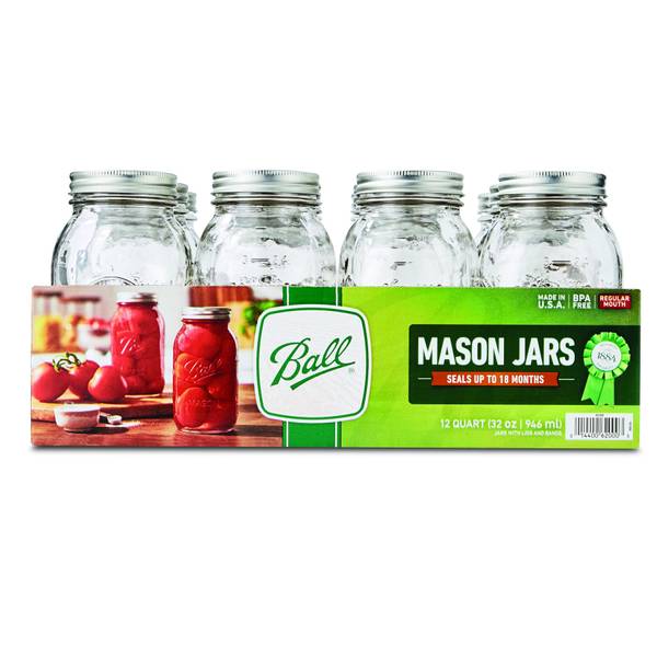 Ball, Glass Mason Jars with Lids & Bands, Wide Mouth, 32 oz, 12 Count