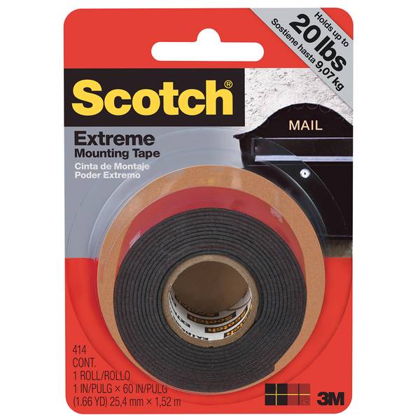 Scotch 411P Outdoor Mounting Double Sided Tape 1" x 60",Black 