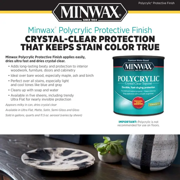 Minwax 233334444 Polycrylic Protective Wood Finish, Clear Satin, ½ Pint