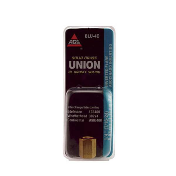 AGS BLU-4C Solid Brass Union 1/4” 7/16-24 Inverted Flare