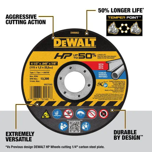 DEWALT 4-1/2 x .045 x 7/8 HP T1 Cutting Wheel - DW8062 Z | Blain's