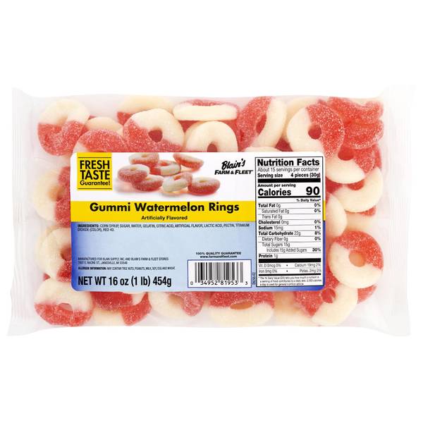 Blain's Farm & Fleet 16 oz Gummi Watermelon Rings - 679076 Blain's Farm & Fleet 16 oz Gummi Watermelon Rings - 679076