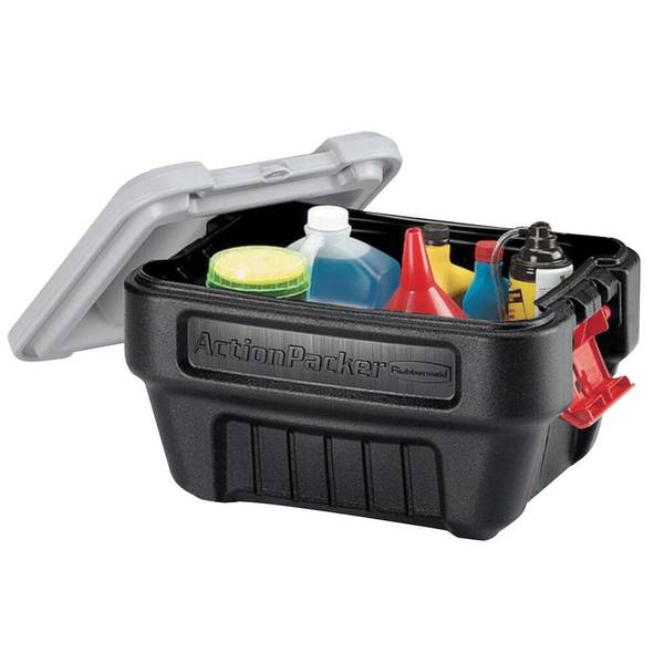 Rubbermaid 35 Gallon Action Packer Storage Bin, Heavy Duty Plastic,  Lockable, Black and Gray, Included Lid 