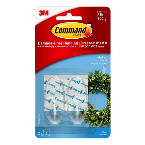 Command Clear Hooks With Clear Strips, Medium, 2 Hooks & 4 Strips
