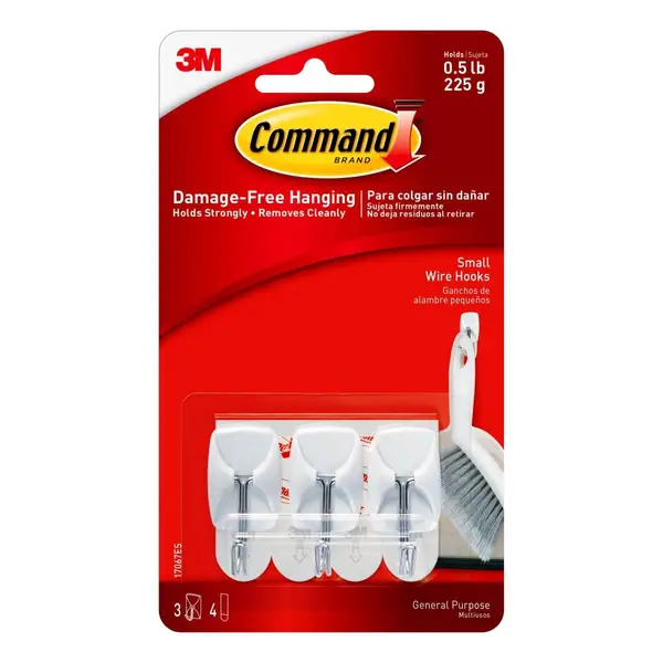 1 Pack Small Command Wire Hooks White 17067ES 3-Hooks Organize Damage-Free