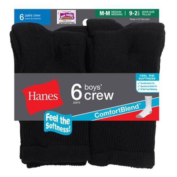 Hanes Boys' Crew Socks 6 Pairs, Black, M - 431/6-BLK-M | Blain's Farm ...