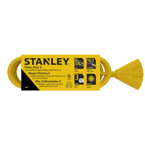 Stanley 34087 Grounded 3-Outlet Outdoor Extension Power Cord 3, 8-Feet,  Yellow