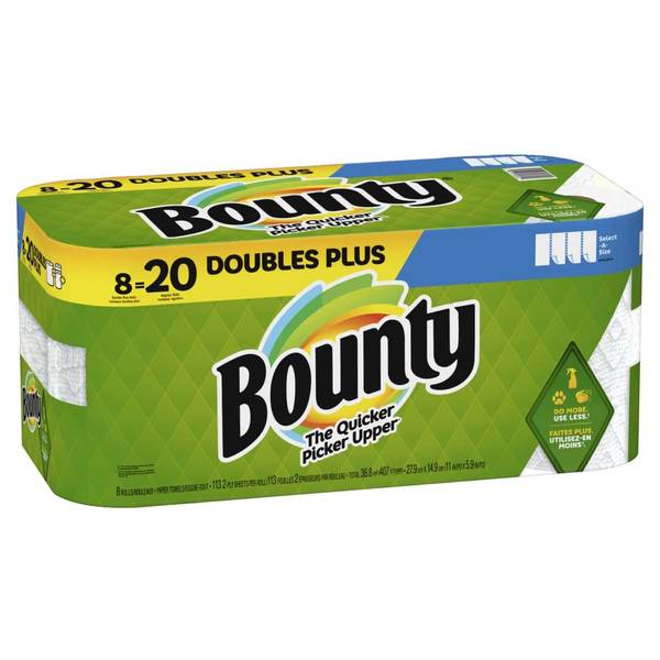 Bounty Paper Towels, Double Plus Rolls, Select-A-Size, White, 2-Ply 8 ea