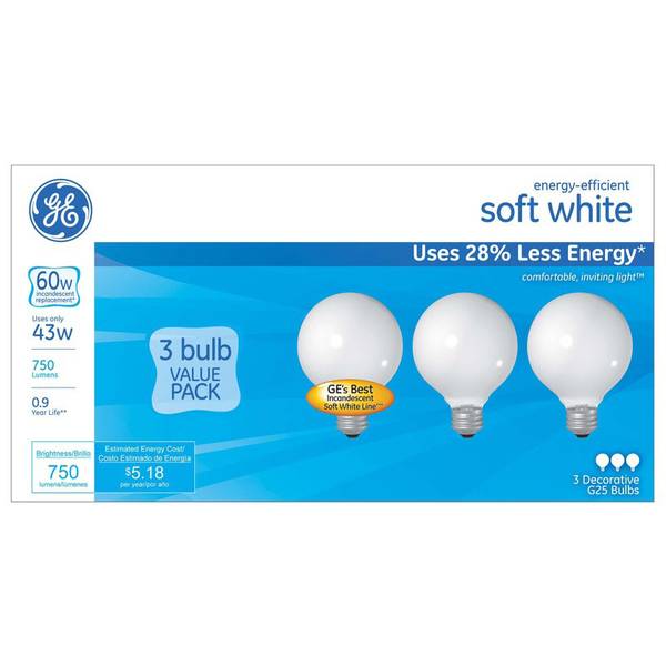 GE 3Pack 43Watt G25 Energy Efficient Soft White Light Bulbs 90178 Blain's Farm & Fleet