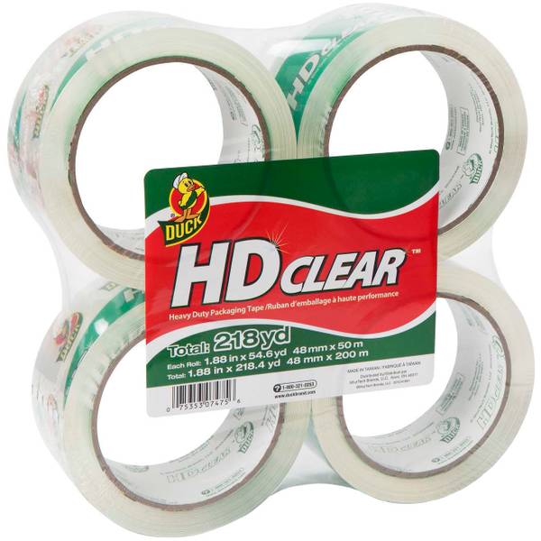 Duck HD Clear Heavy-Duty Packaging Tape, 1.88 x 54.6 Yd., Clear, Pack of 4 Rolls