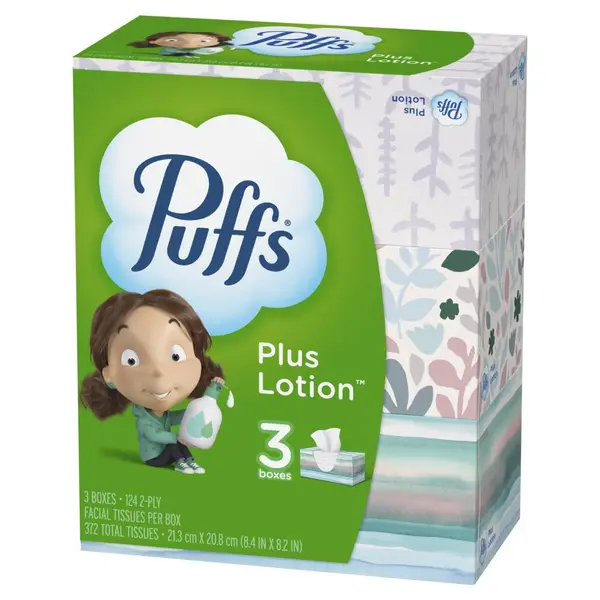 Puffs Plus Lotion Facial Tissue, 2 Mega Cube, Green, 72 Tissues